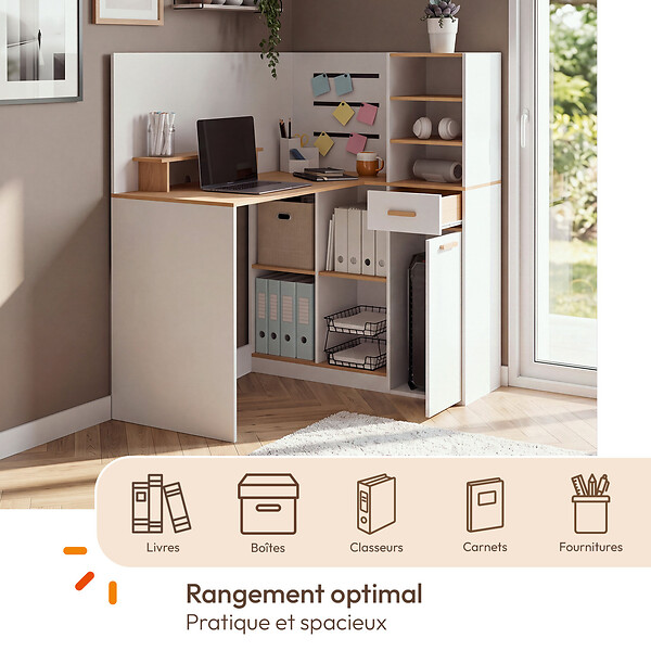 ID MARKET - Bureau d'angle CHARLES 1 porte, niches et tiroir avec support écran blanc et bois façon hêtre - large