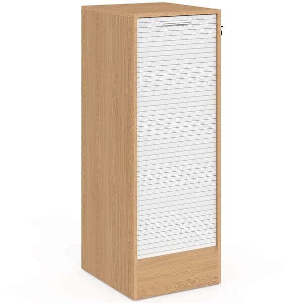 ID MARKET - Meuble classeur à rideau verrouillable 4 tablettes H.110 cm blanc et bois - large