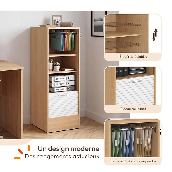 ID MARKET - Meuble classeur à rideau verrouillable 4 tablettes H.110 cm blanc et bois - large