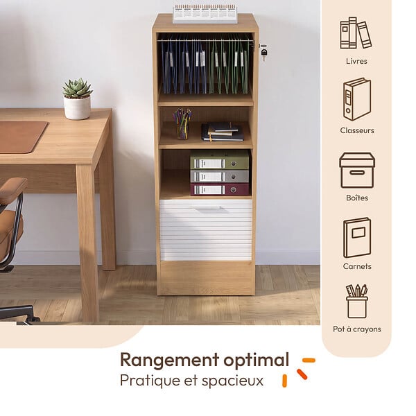 ID MARKET - Meuble classeur à rideau verrouillable 4 tablettes H.110 cm blanc et bois - large