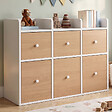 ID MARKET - Meuble de rangement enfant PABLO blanc 6 bacs en tissu façade effet hêtre et 3 étagères bibliothèque - vignette