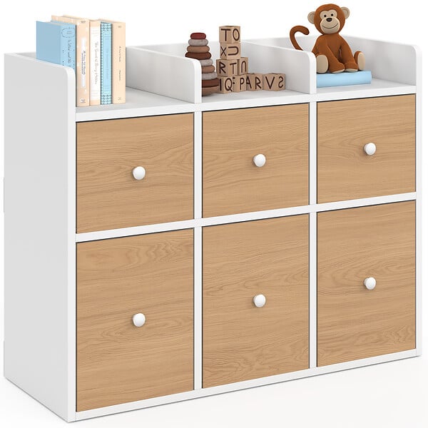 ID MARKET - Meuble de rangement enfant PABLO blanc 6 bacs en tissu façade effet hêtre et 3 étagères bibliothèque - large