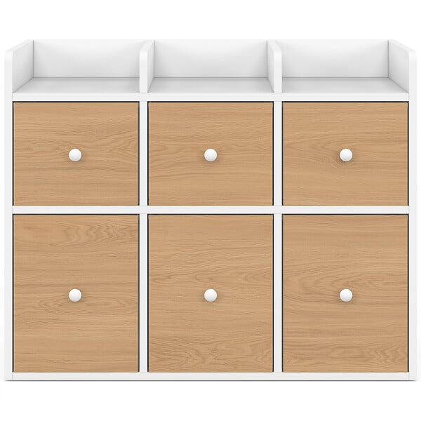 ID MARKET - Meuble de rangement enfant PABLO blanc 6 bacs en tissu façade effet hêtre et 3 étagères bibliothèque - large