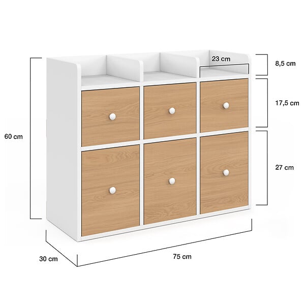 ID MARKET - Meuble de rangement enfant PABLO blanc 6 bacs en tissu façade effet hêtre et 3 étagères bibliothèque - large