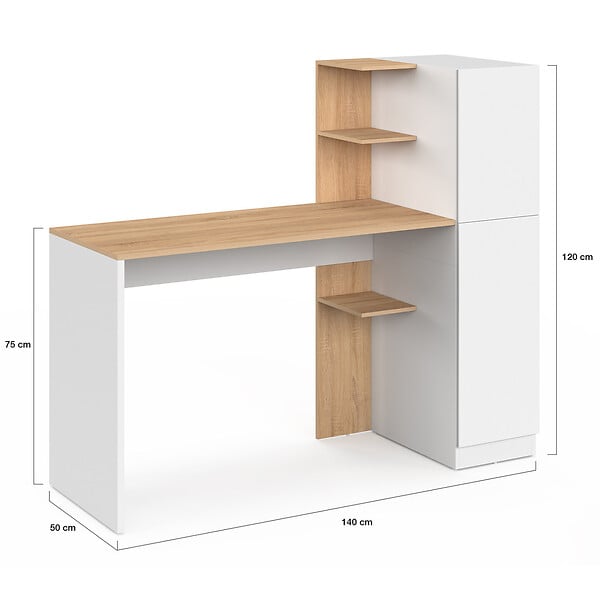 ID MARKET - Bureau avec armoire de rangements 140x50 cm NICO étagères blanc et bois - large