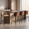 ID MARKET - Lot de 4 tabourets de bar PENNY en tissu taupe, dossier effet noyer et pieds en métal noir - vignette
