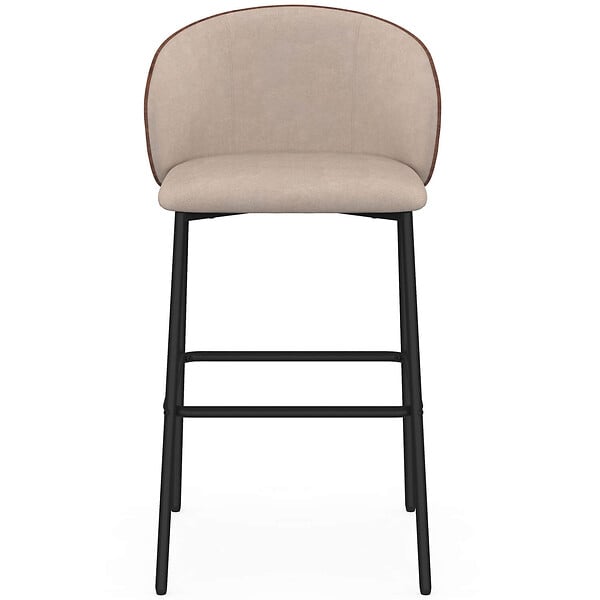 ID MARKET - Lot de 4 tabourets de bar PENNY en tissu taupe, dossier effet noyer et pieds en métal noir - large