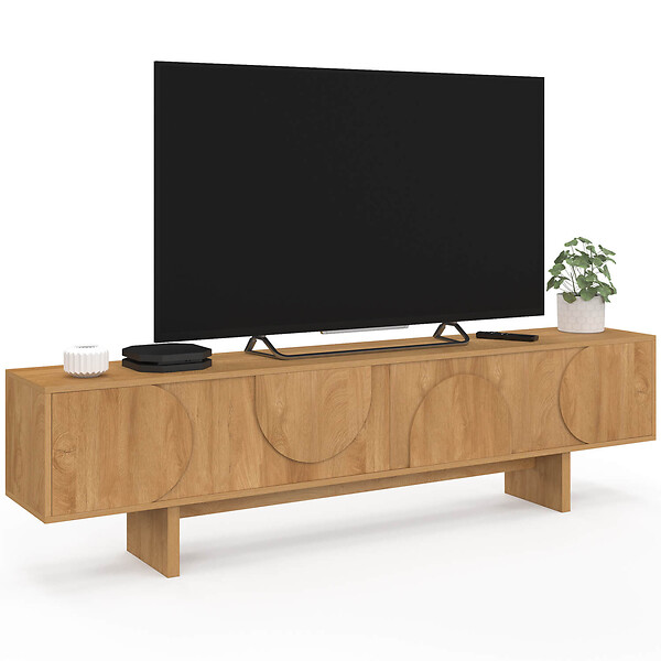 ID MARKET - Meuble TV 180 cm ARVIN 2 portes avec reliefs arrondis bois clair - large