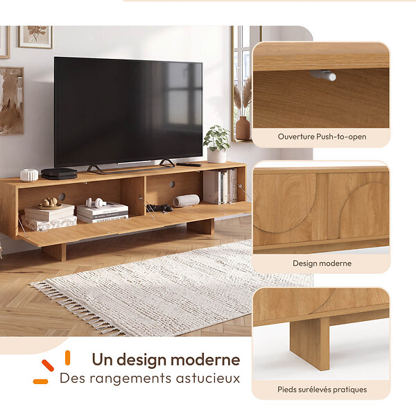 ID MARKET - Meuble TV 180 cm ARVIN 2 portes avec reliefs arrondis bois clair - large
