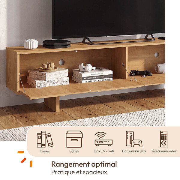 ID MARKET - Meuble TV 180 cm ARVIN 2 portes avec reliefs arrondis bois clair - large