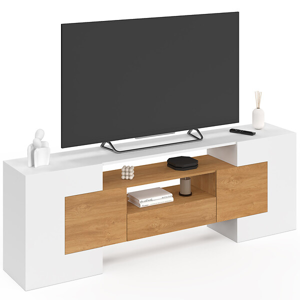 ID MARKET - Meuble TV XXL 180 cm MARIO 4 portes et 1 tiroir bois et blanc - large