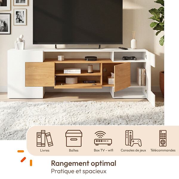 ID MARKET - Meuble TV XXL 180 cm MARIO 4 portes et 1 tiroir bois et blanc - large
