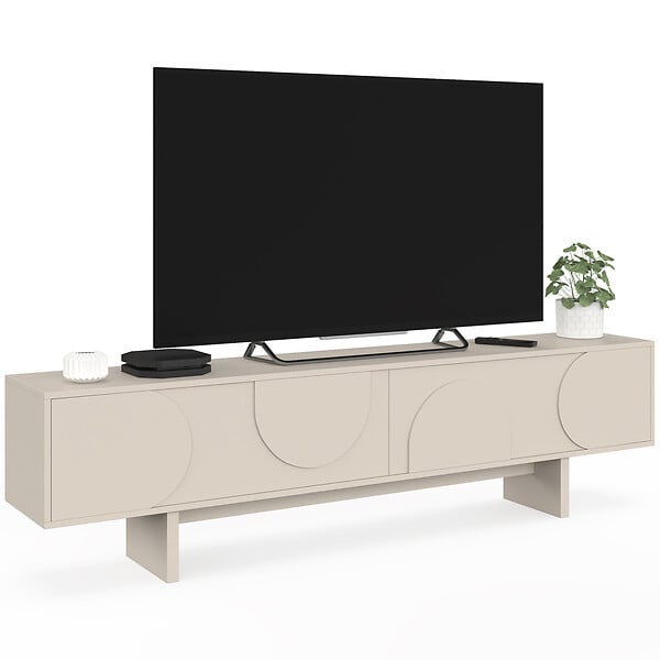 ID MARKET - Meuble TV 180 cm ARVIN 2 portes avec reliefs arrondis bois coloris beige - large