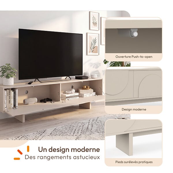 ID MARKET - Meuble TV 180 cm ARVIN 2 portes avec reliefs arrondis bois coloris beige - large