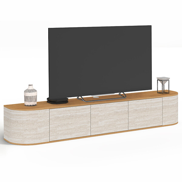ID MARKET - Meuble TV 180 cm suspendu LEORA 3 portes effet travertin et bois - large