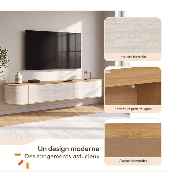 ID MARKET - Meuble TV 180 cm suspendu LEORA 3 portes effet travertin et bois - large