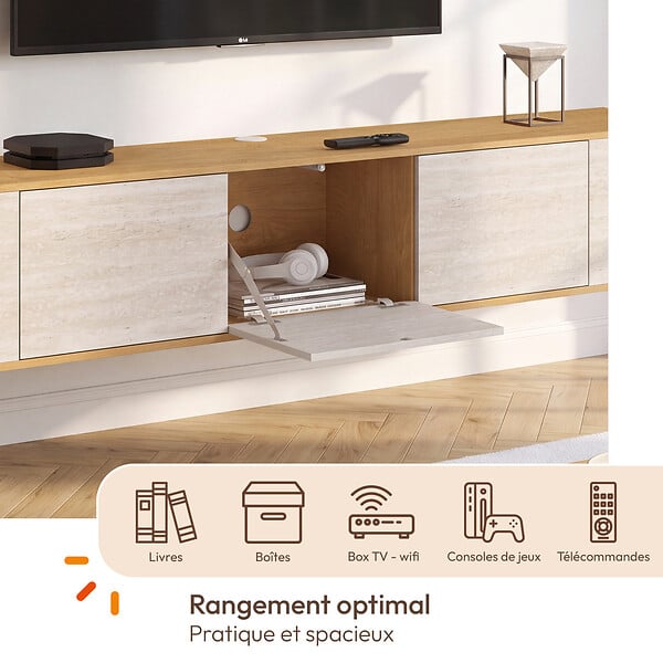 ID MARKET - Meuble TV 180 cm suspendu LEORA 3 portes effet travertin et bois - large