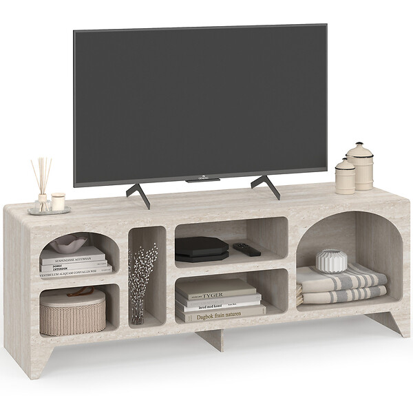 ID MARKET - Meuble TV 140 cm organique ALESIA 6 niches bois effet travertin - large
