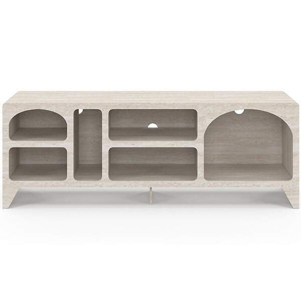 ID MARKET - Meuble TV 140 cm organique ALESIA 6 niches bois effet travertin - large