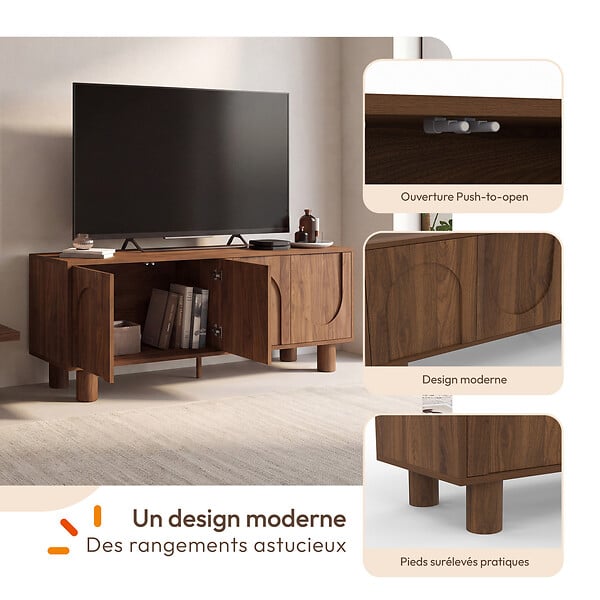 ID MARKET - Meuble TV 140 cm ARCHIE 4 portes effet noyer - large