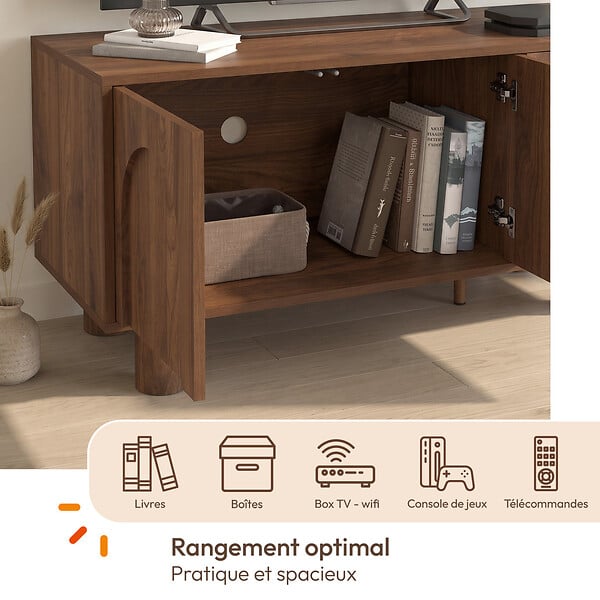 ID MARKET - Meuble TV 140 cm ARCHIE 4 portes effet noyer - large