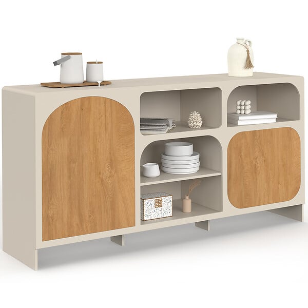 ID MARKET - Buffet 160 cm ATHENA 2 portes avec 4 niches design organique beige et effet bois - large