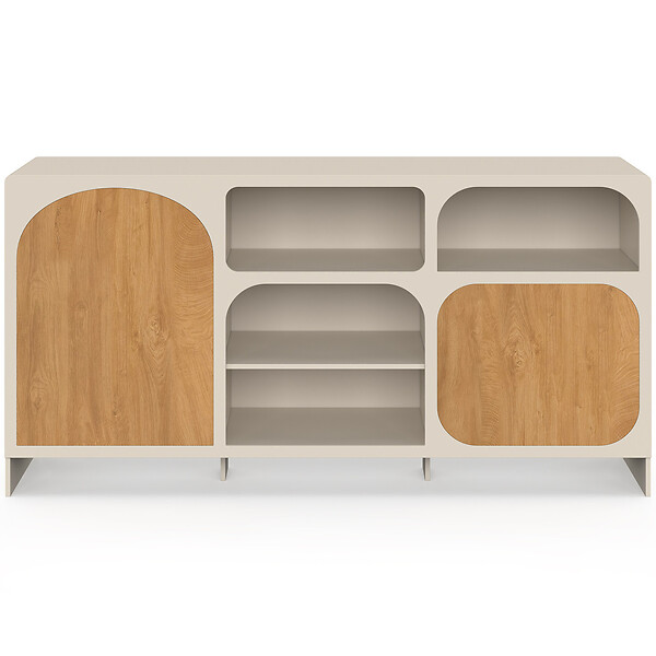 ID MARKET - Buffet 160 cm ATHENA 2 portes avec 4 niches design organique beige et effet bois - large
