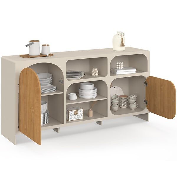 ID MARKET - Buffet 160 cm ATHENA 2 portes avec 4 niches design organique beige et effet bois - large