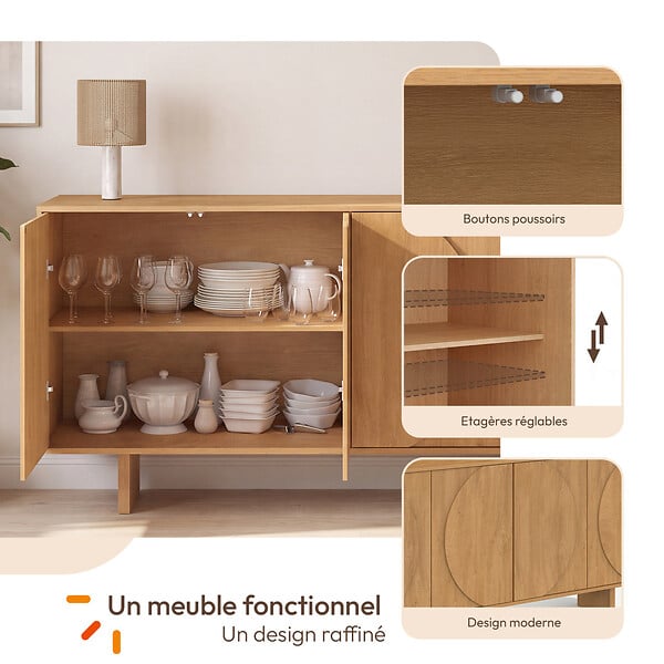 ID MARKET - Buffet 160 cm ARVIN 4 portes avec reliefs arrondis bois clair - large