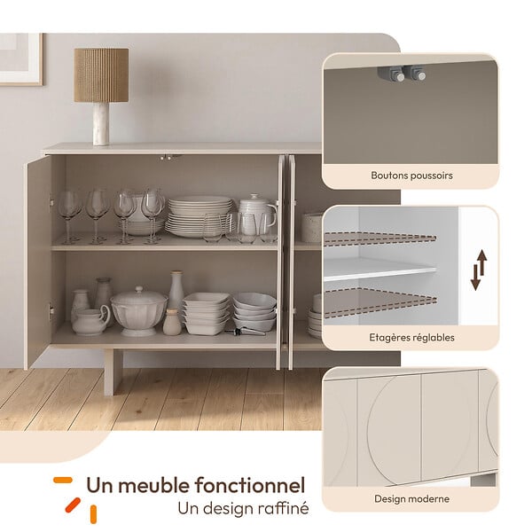 ID MARKET - Buffet 160 cm ARVIN 4 portes avec reliefs arrondis bois coloris beige - large