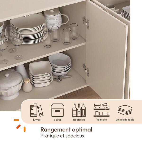 ID MARKET - Buffet 160 cm ARVIN 4 portes avec reliefs arrondis bois coloris beige - large