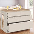 ID MARKET - Ilot central mange-debout ORSO 120 cm casserolier 6 tiroirs beige et plateau effet bois - vignette