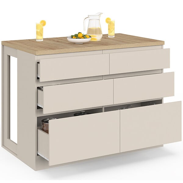 ID MARKET - Ilot central mange-debout ORSO 120 cm casserolier 6 tiroirs beige et plateau effet bois - large