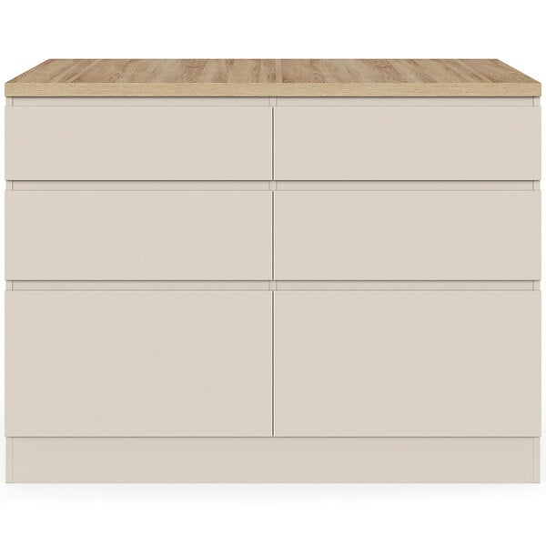ID MARKET - Ilot central mange-debout ORSO 120 cm casserolier 6 tiroirs beige et plateau effet bois - large