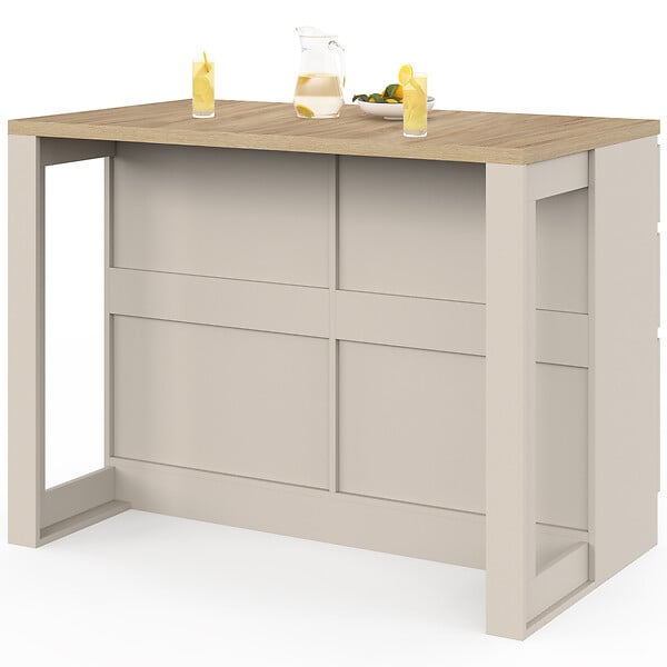 ID MARKET - Ilot central mange-debout ORSO 120 cm casserolier 6 tiroirs beige et plateau effet bois - large