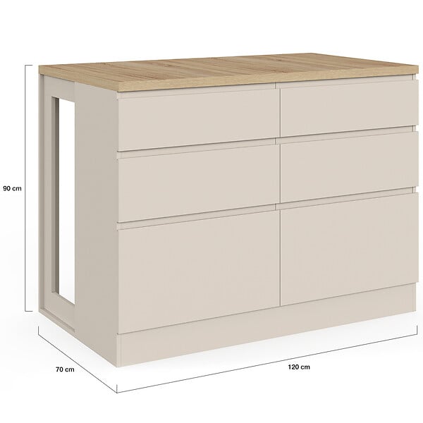 ID MARKET - Ilot central mange-debout ORSO 120 cm casserolier 6 tiroirs beige et plateau effet bois - large