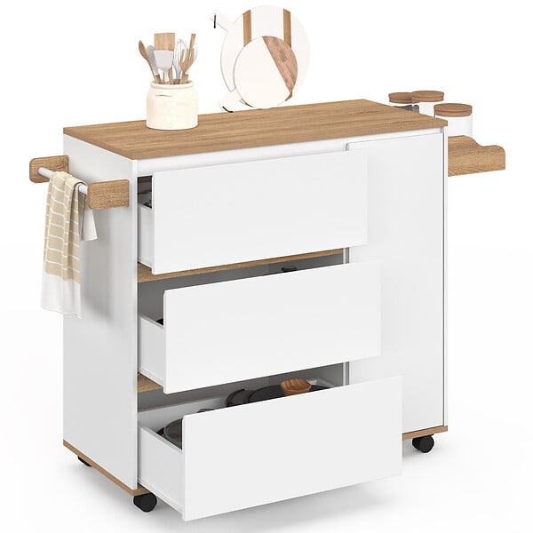 ID MARKET - Desserte de cuisine COMI XXL avec 3 tiroirs casserolier et placard blanc et plateau façon hêtre L. 90 cm - large