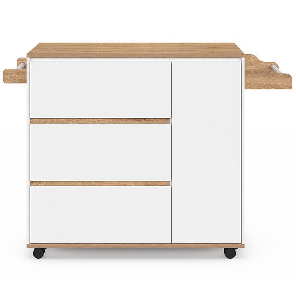 ID MARKET - Desserte de cuisine COMI XXL avec 3 tiroirs casserolier et placard blanc et plateau façon hêtre L. 90 cm - large