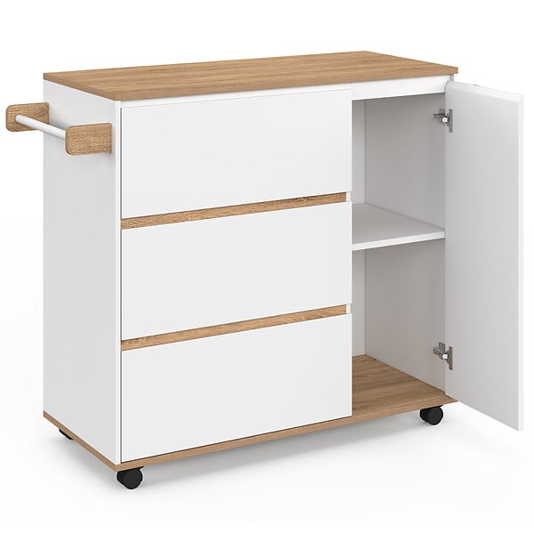 ID MARKET - Desserte de cuisine COMI XXL avec 3 tiroirs casserolier et placard blanc et plateau façon hêtre L. 90 cm - large