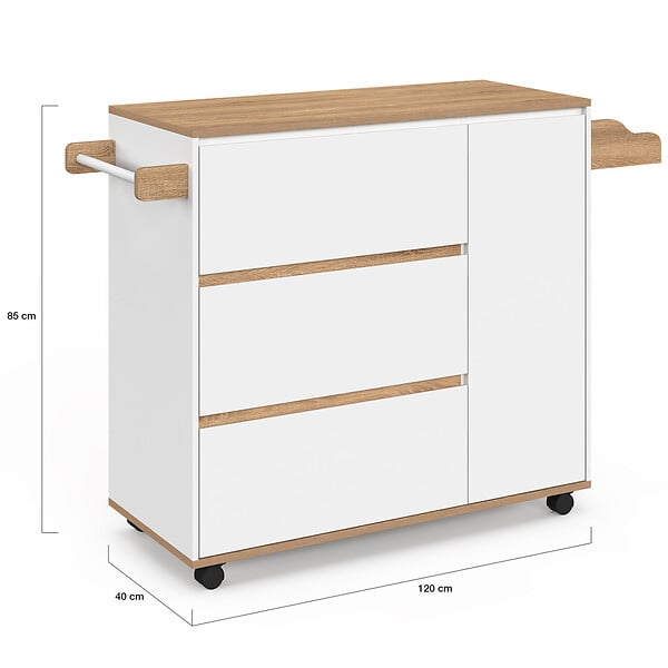 ID MARKET - Desserte de cuisine COMI XXL avec 3 tiroirs casserolier et placard blanc et plateau façon hêtre L. 90 cm - large
