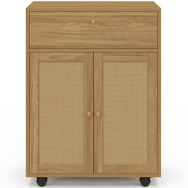 ID MARKET - Desserte de cuisine HANAE tiroir effet bois et placard en cannage L.60 cm - large