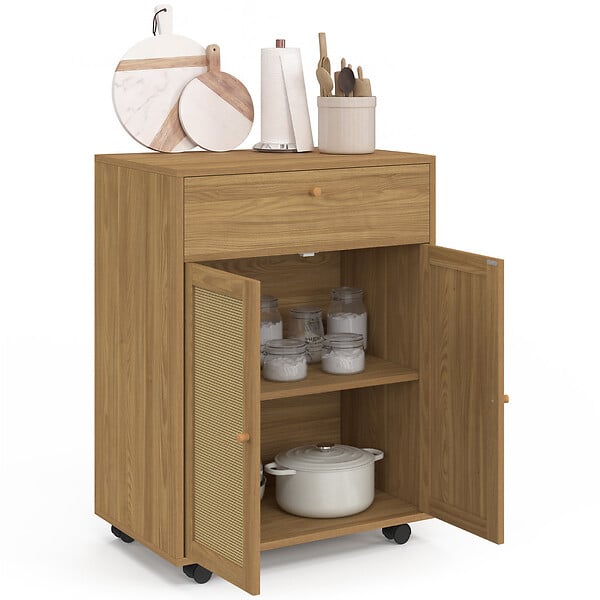 ID MARKET - Desserte de cuisine HANAE tiroir effet bois et placard en cannage L.60 cm - large