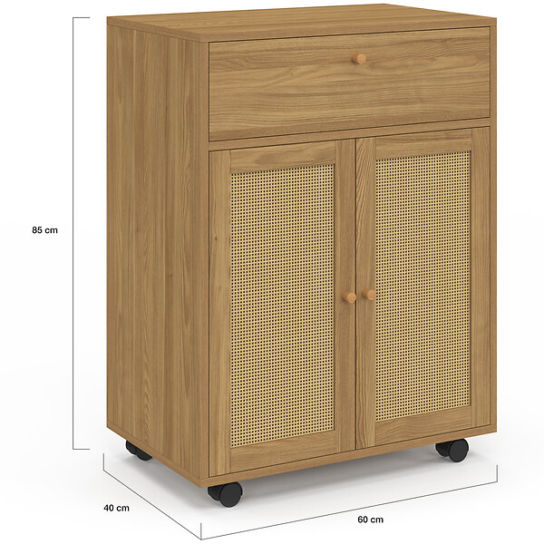 ID MARKET - Desserte de cuisine HANAE tiroir effet bois et placard en cannage L.60 cm - large