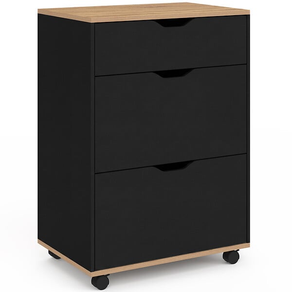 ID MARKET - Desserte de cuisine COSY 3 tiroirs casserolier bois noir et plateau façon hêtre L. 60 cm - large