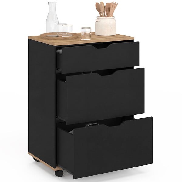 ID MARKET - Desserte de cuisine COSY 3 tiroirs casserolier bois noir et plateau façon hêtre L. 60 cm - large