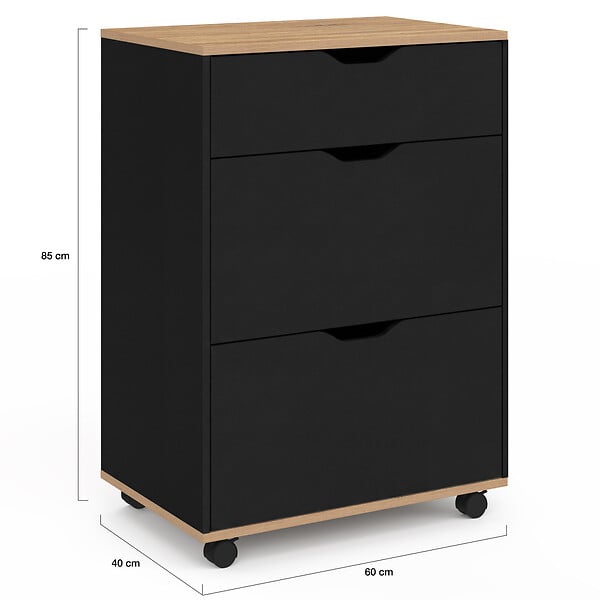 ID MARKET - Desserte de cuisine COSY 3 tiroirs casserolier bois noir et plateau façon hêtre L. 60 cm - large