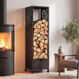 ID MARKET - Range bûches vertical plein acier noir motif arbre H. 140 CM pour cheminée avec roulettes et tiroir - vignette