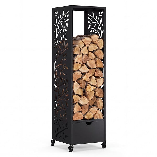 ID MARKET - Range bûches vertical plein acier noir motif arbre H. 140 CM pour cheminée avec roulettes et tiroir - large