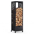 ID MARKET - Range bûches vertical plein acier noir motif arbre H. 140 CM pour cheminée avec roulettes et tiroir - vignette
