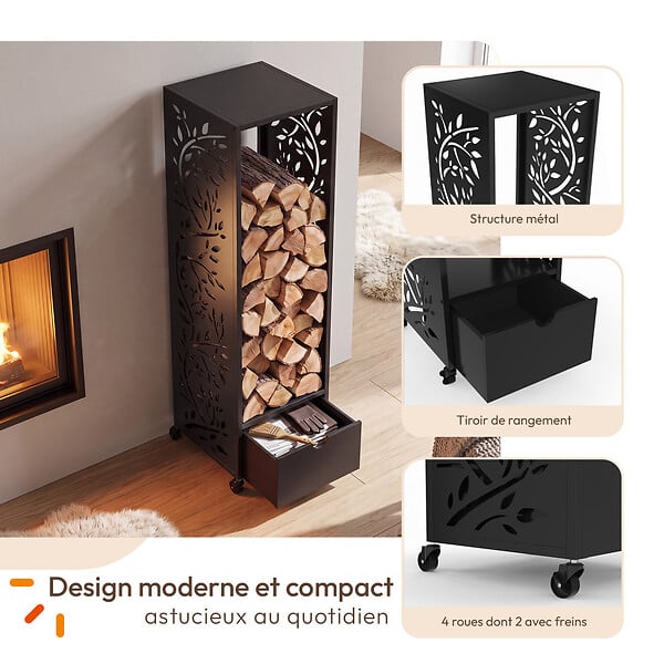 ID MARKET - Range bûches vertical plein acier noir motif arbre H. 140 CM pour cheminée avec roulettes et tiroir - large